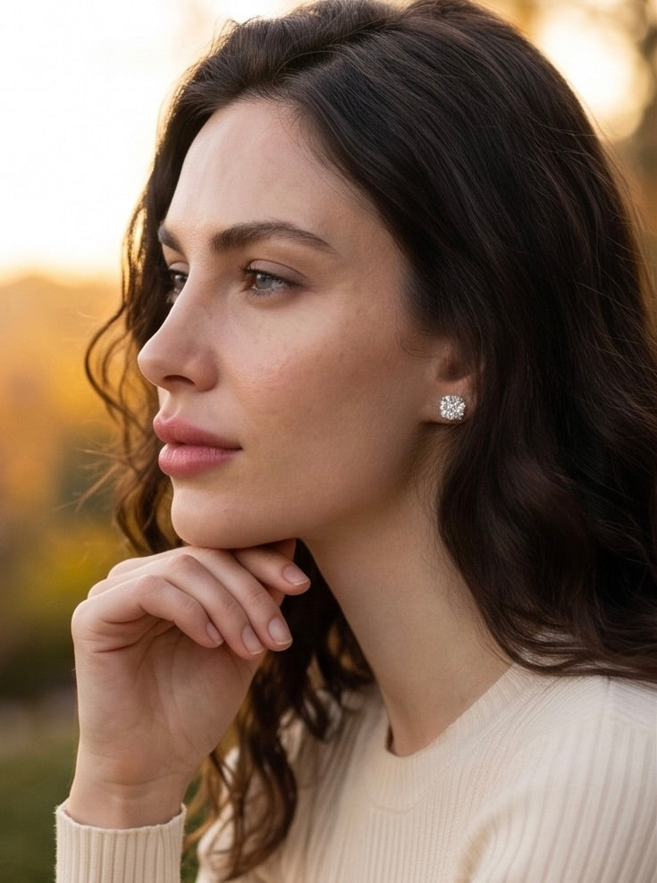 Studo 2 Carat Diamond Stud Earrings, 14K Solid Gold on the model