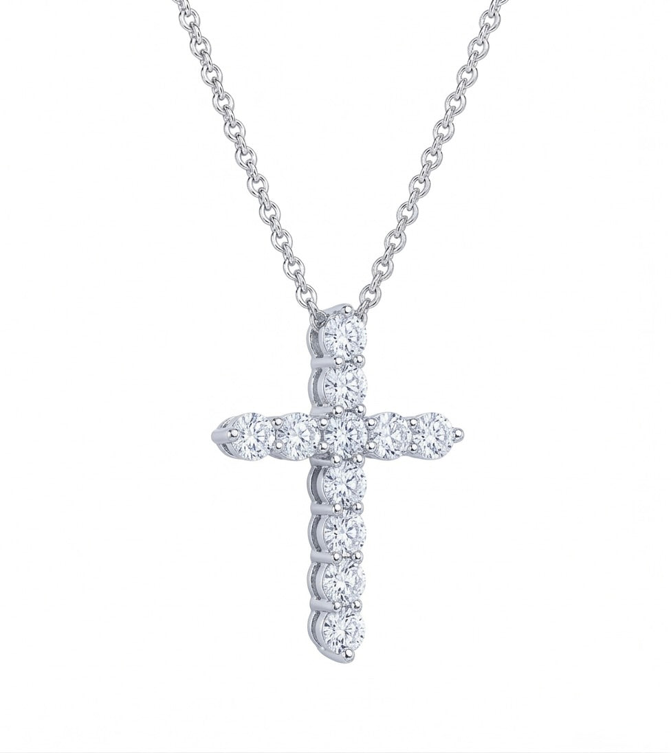 Classic Cross Pendant Diamond Necklace, 1.1 ct, 14K White Gold – product photo on white backgroundbackground