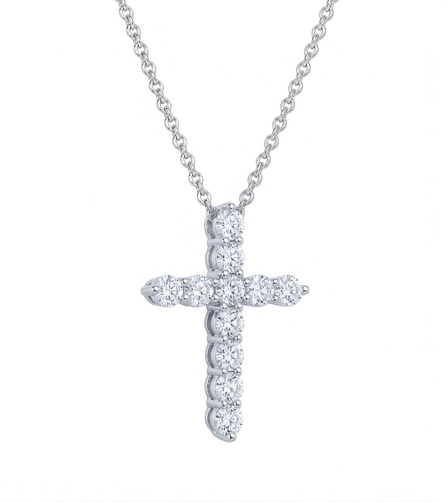 Classic Cross Pendant Diamond Necklace, 1.1 ct, 14K White Gold – product photo on white backgroundbackground
