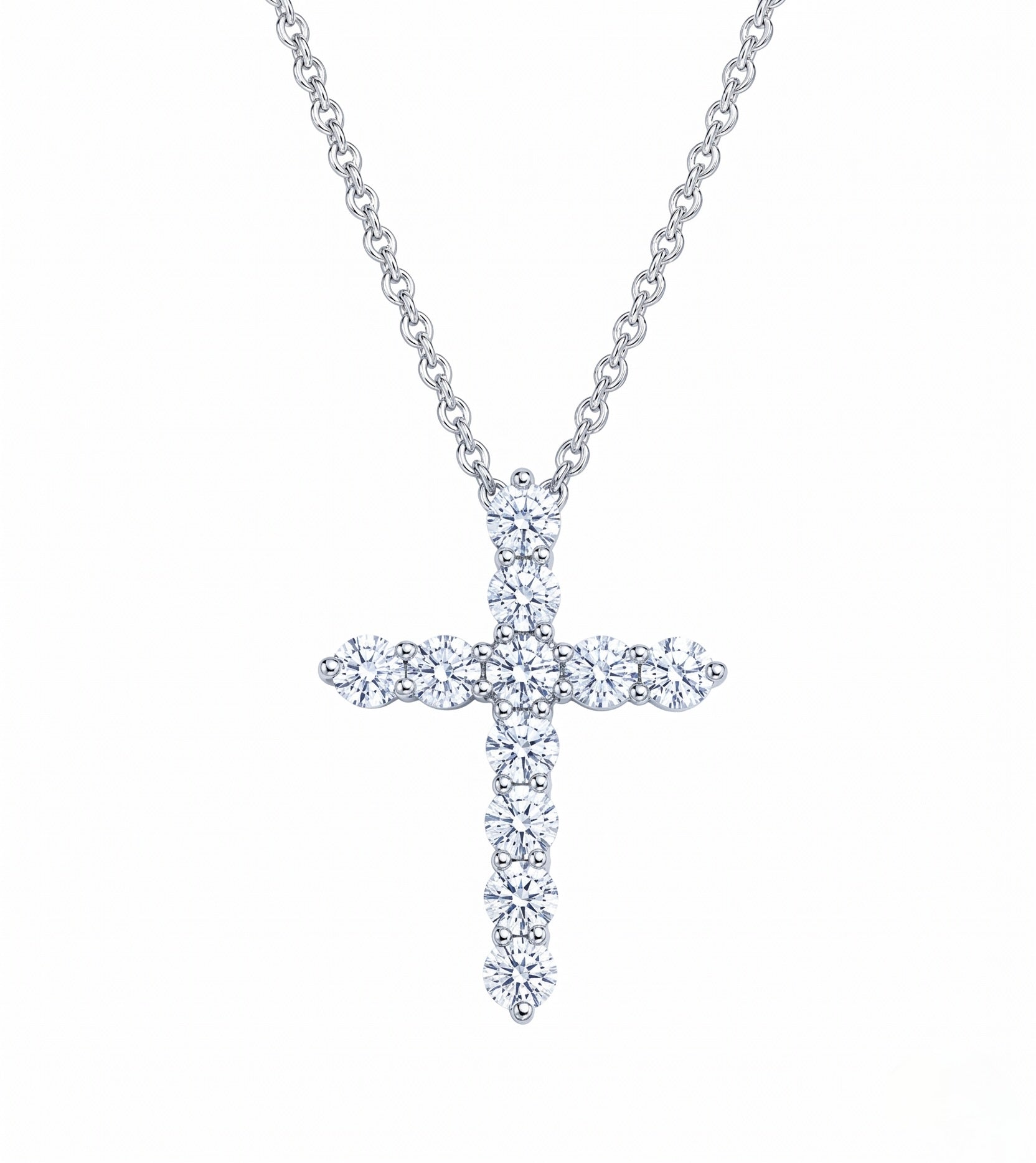 Classic Cross Pendant Diamond Necklace, 1.1 ct, 14K White Gold Front View