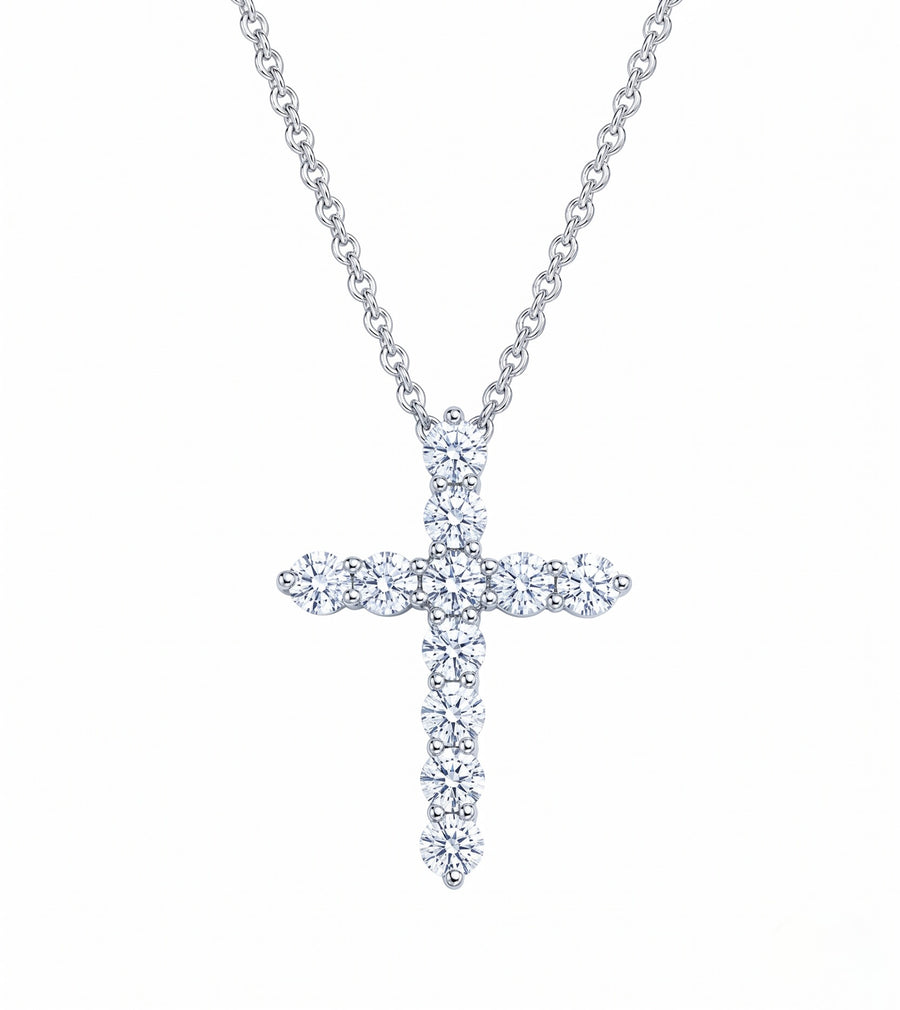 Classic Cross Pendant Diamond Necklace, 1.1 ct, 14K White Gold Front View
